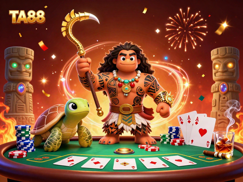 Experience the thrill of TA88 with a vibrant poker scene showcasing a Maui-style demigod.