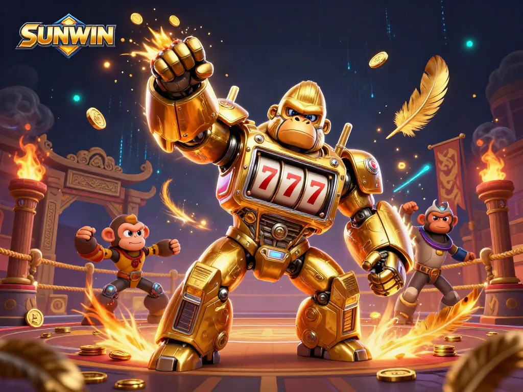 SUNWIN gaming illustration featuring a golden gorilla mech punching upward with coins, showcasing exciting casino elements.