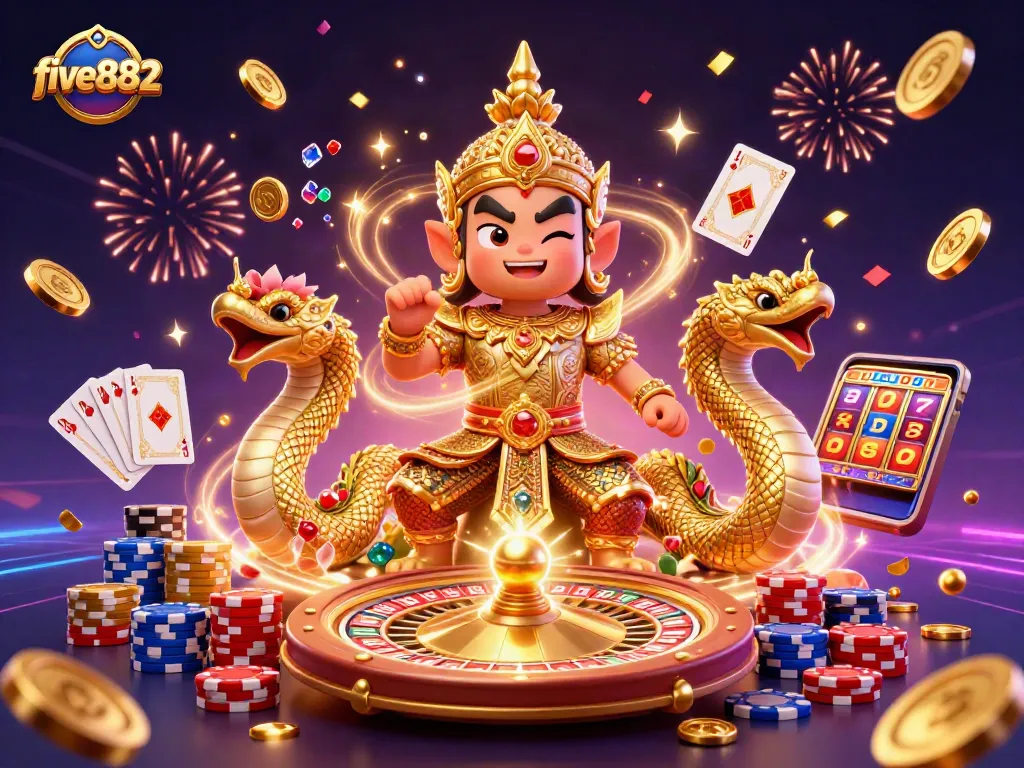 Engage with five882's thrilling gaming scene featuring a charming yaksha and Naga amidst dynamic action.
