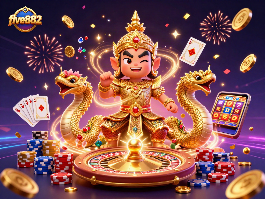 Engage with five882's thrilling gaming scene featuring a charming yaksha and Naga amidst dynamic action.