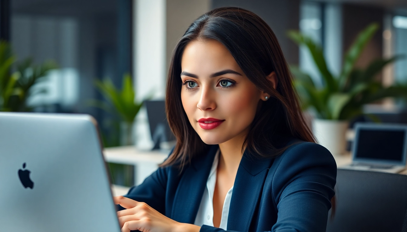 Apply for eta application uk with a professional woman working at her desk.
