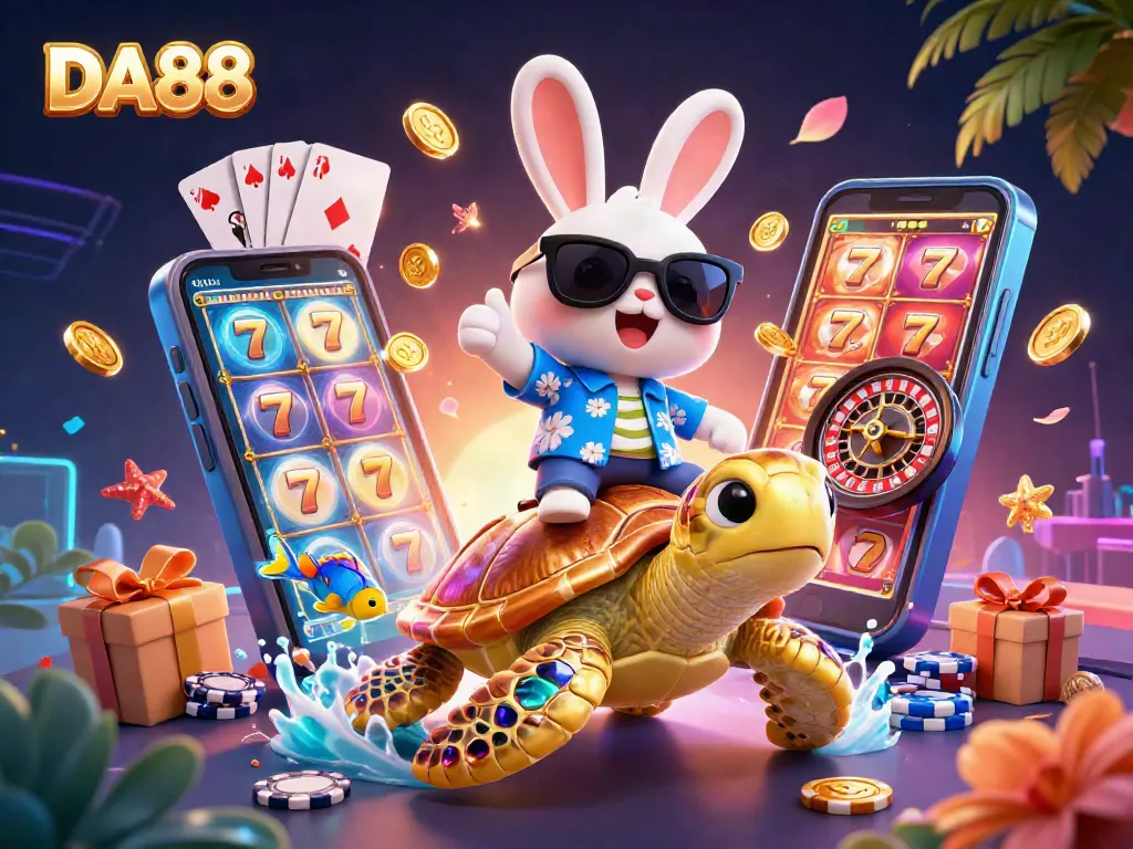 Engage with DA88's slots and casino games illustrated by a lucky rabbit and a golden sea turtle.