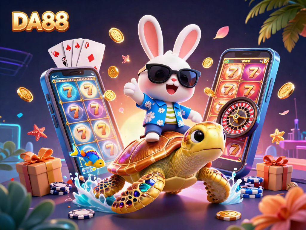 Engage with DA88's slots and casino games illustrated by a lucky rabbit and a golden sea turtle.
