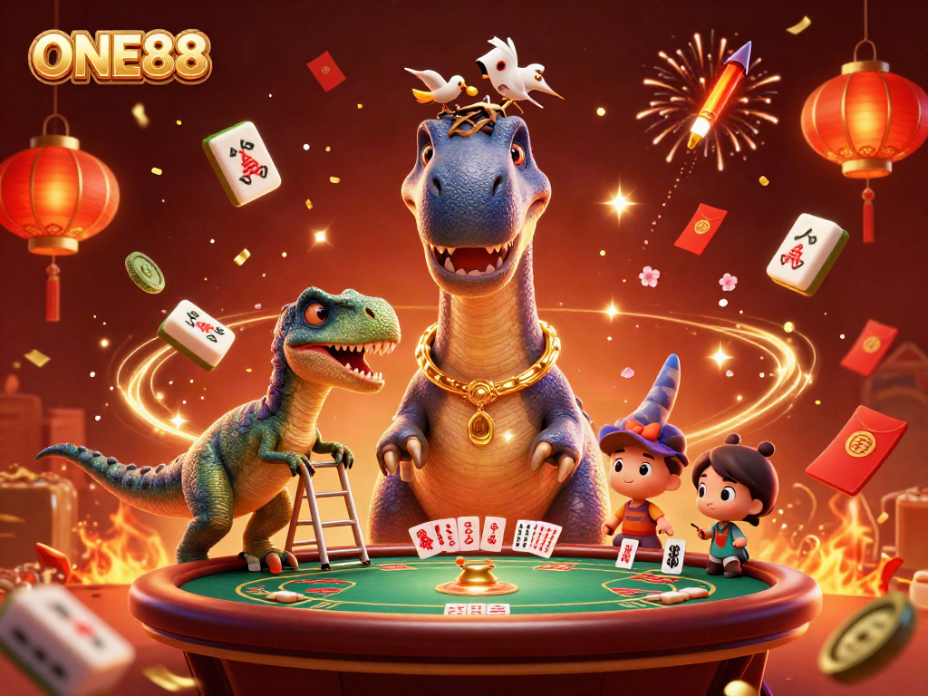 Engage with ONE88's dynamic casino atmosphere featuring playful characters and vibrant game elements.