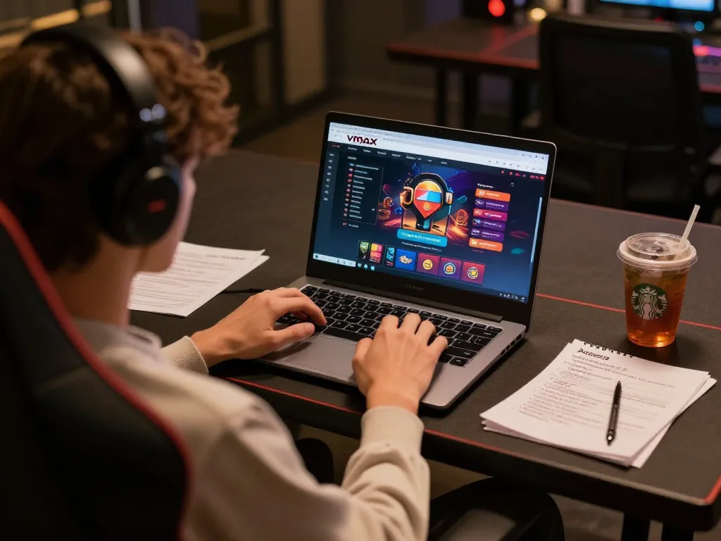 Engaging with Vmax trang chủ online casino, focused on gameplay from a stylish home setup
