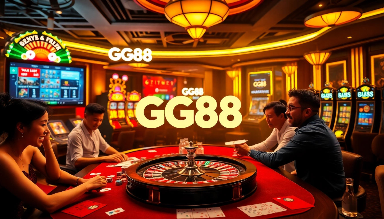 Players enjoying GG88 casino features like slots and poker in a luxurious setting.
