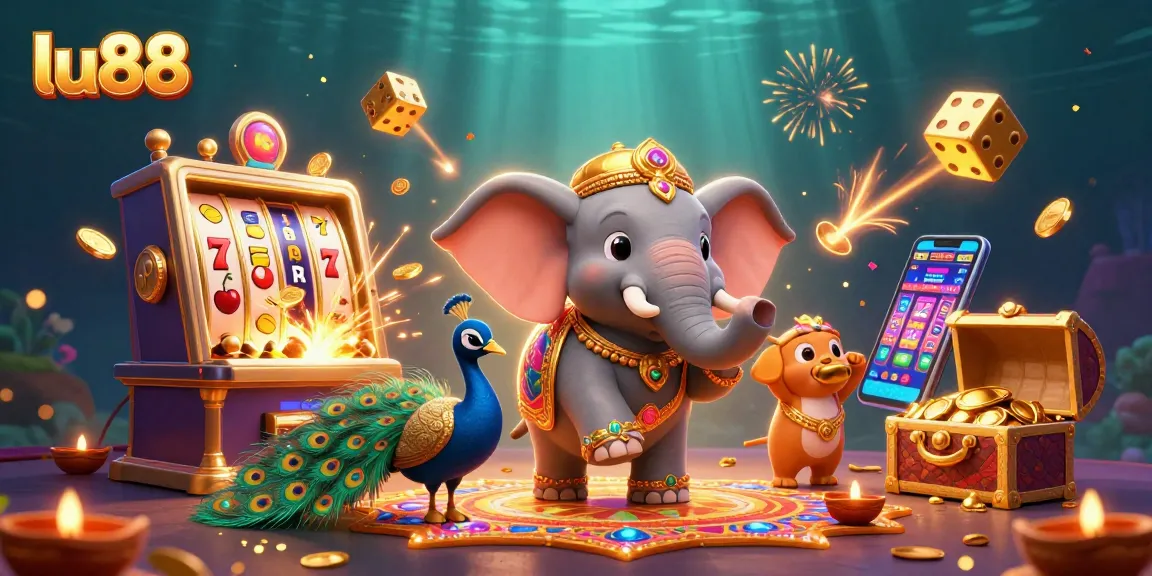 lu88 vibrant 3D casino illustration with Diwali-themed elements showcasing jackpot excitement