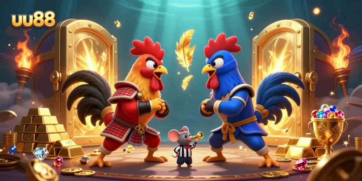 Experience thrilling moments at uu88 with fierce cartoon roosters battling for glory amidst treasures and sparkling jewels.