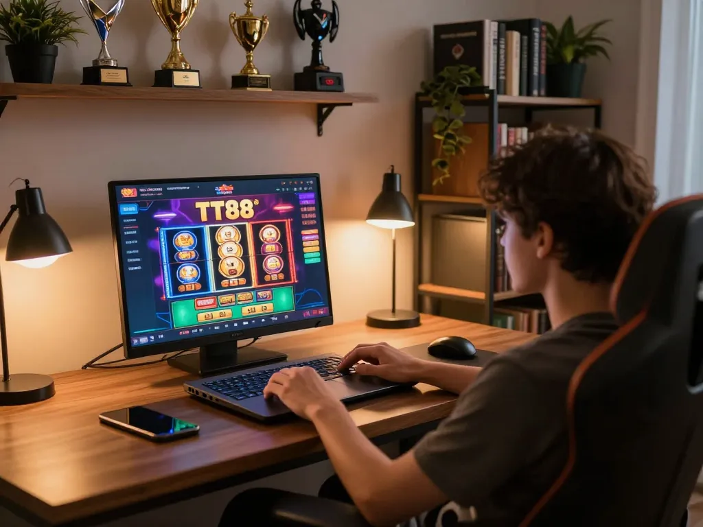 Engaging with TT88 online casino on laptop, showcasing vibrant gaming interface with elegant design