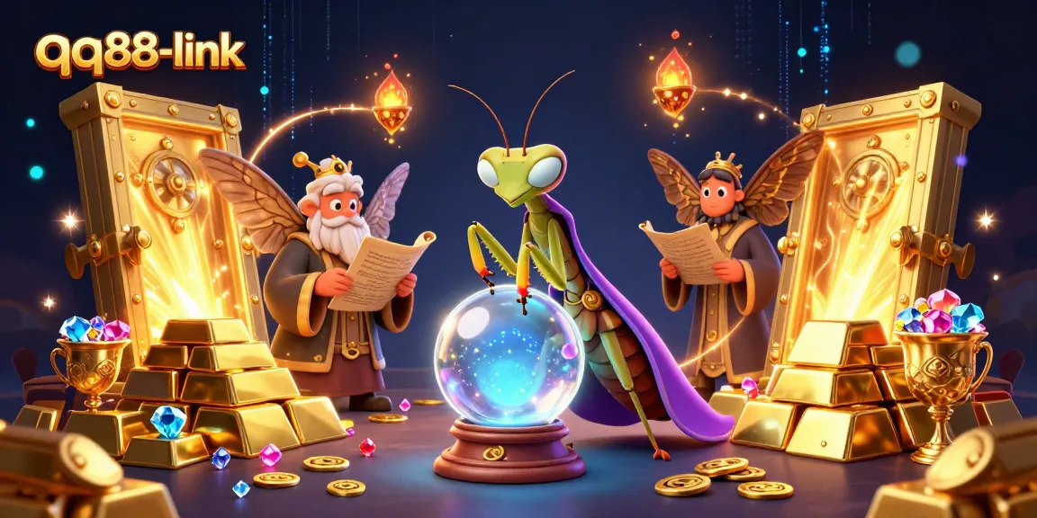 Experience fortune-telling magic with the qq88-link mascot characters amidst a treasure-filled casino scene.
