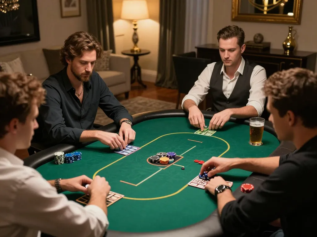 Players engaging in a strategic poker game at nhà cái tr88, showcasing camaraderie and focus in a sophisticated setting.