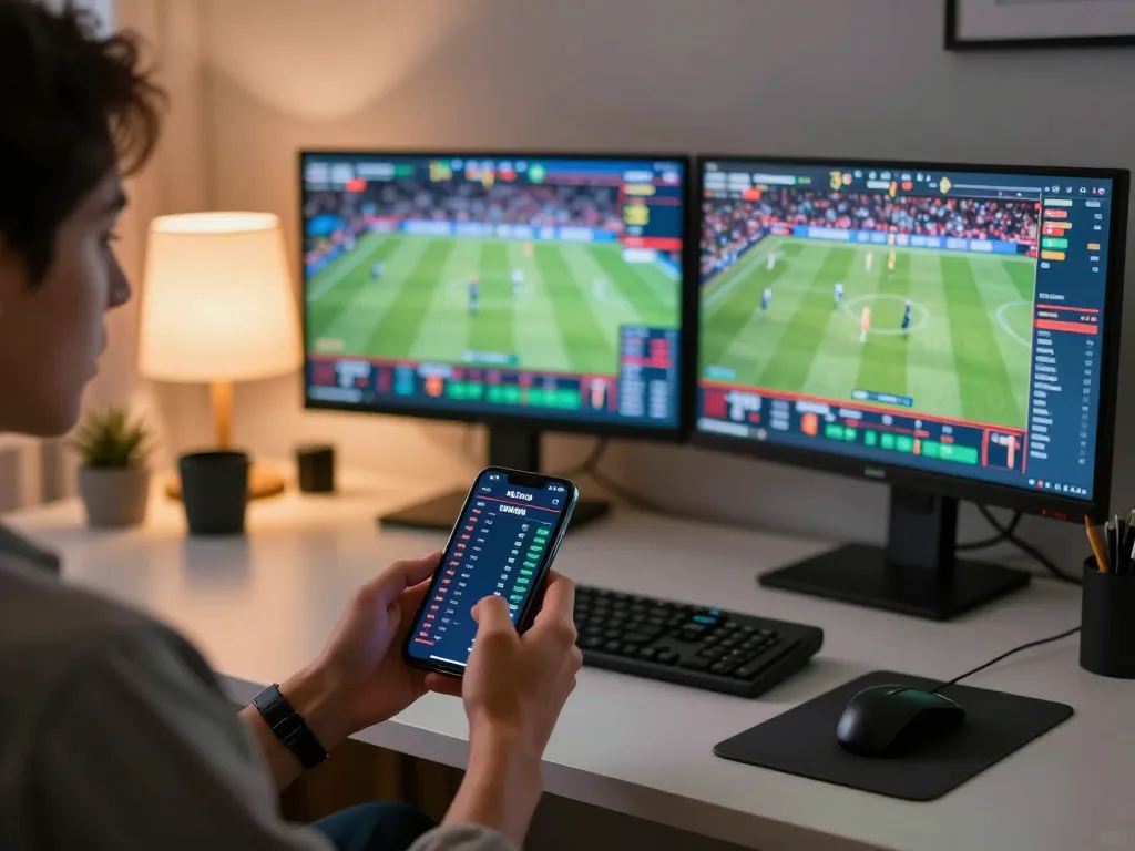 Engaging in sports betting on smartphone at home, highlighting fun88cd experience with live events.