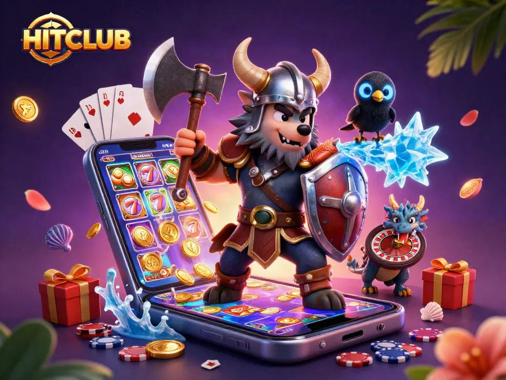 Play HITCLUB slots with a dynamic Viking warrior and dragon illustration, enhancing the gaming experience.