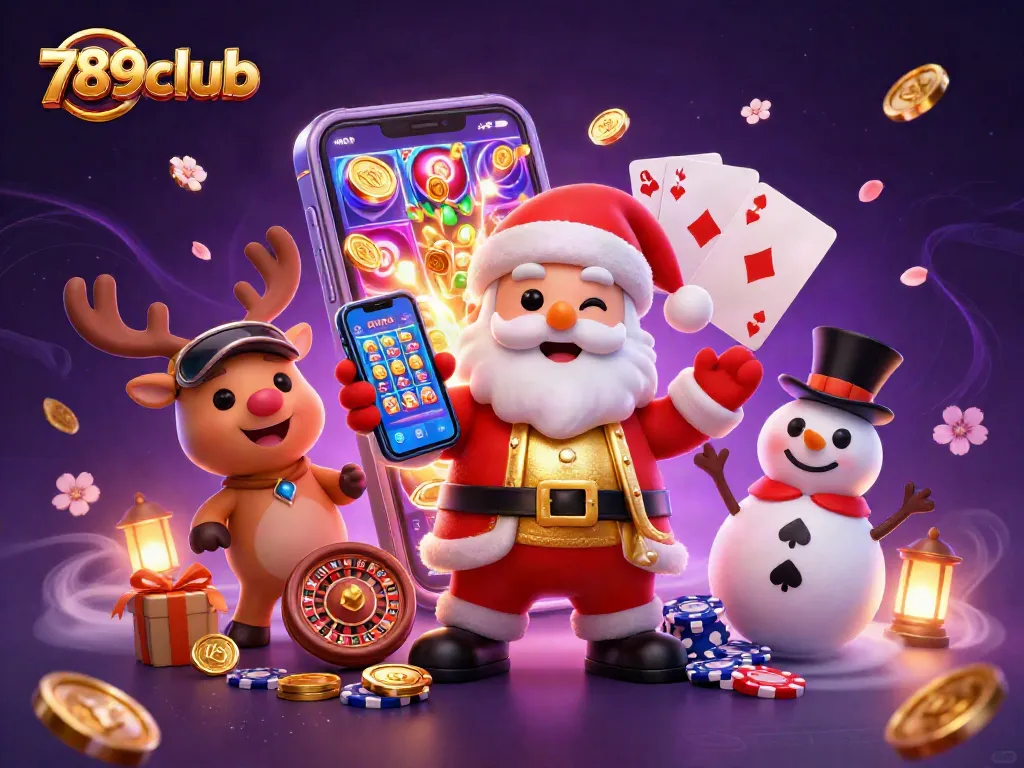 Play exciting slot games at 789club with animated Santa, his reindeer, and a poker chips snowman.