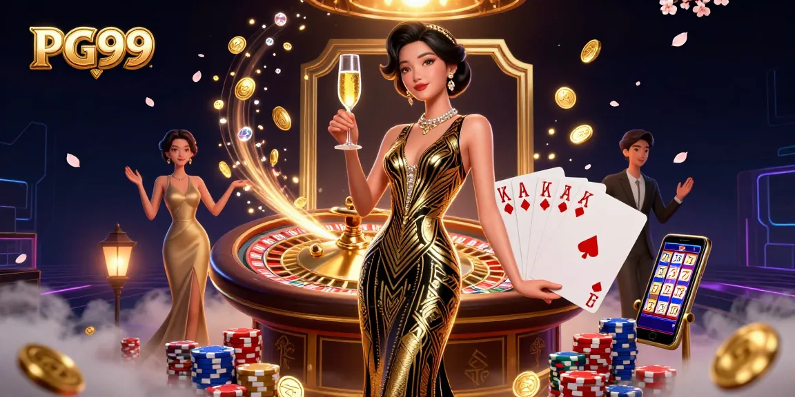 Experience the thrill of PG99 with a glamorous scene featuring elegant casino elements and dynamic gameplay action.