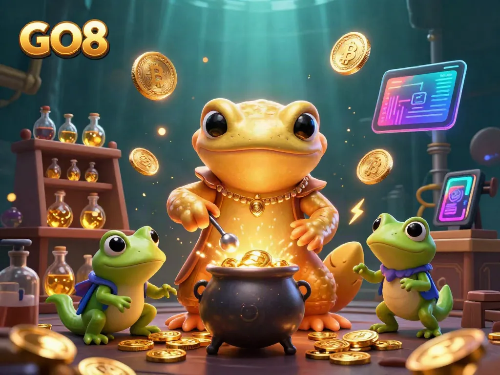 Experience GO8's animated casino magic with golden alchemy and cryptocurrency themes.