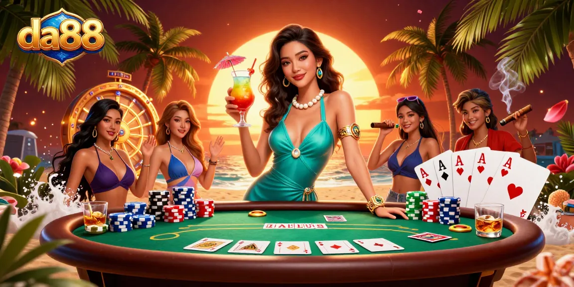 Win big at da88 in a vibrant casino scene featuring glamorous gameplay with poker chips and a stunning backdrop.