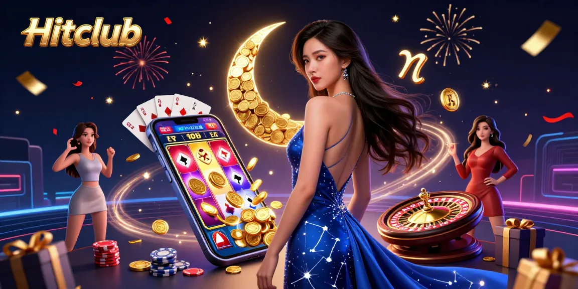 Hitclub features vibrant slots, golden coins, and an elegant Asian woman in a dynamic casino scene.