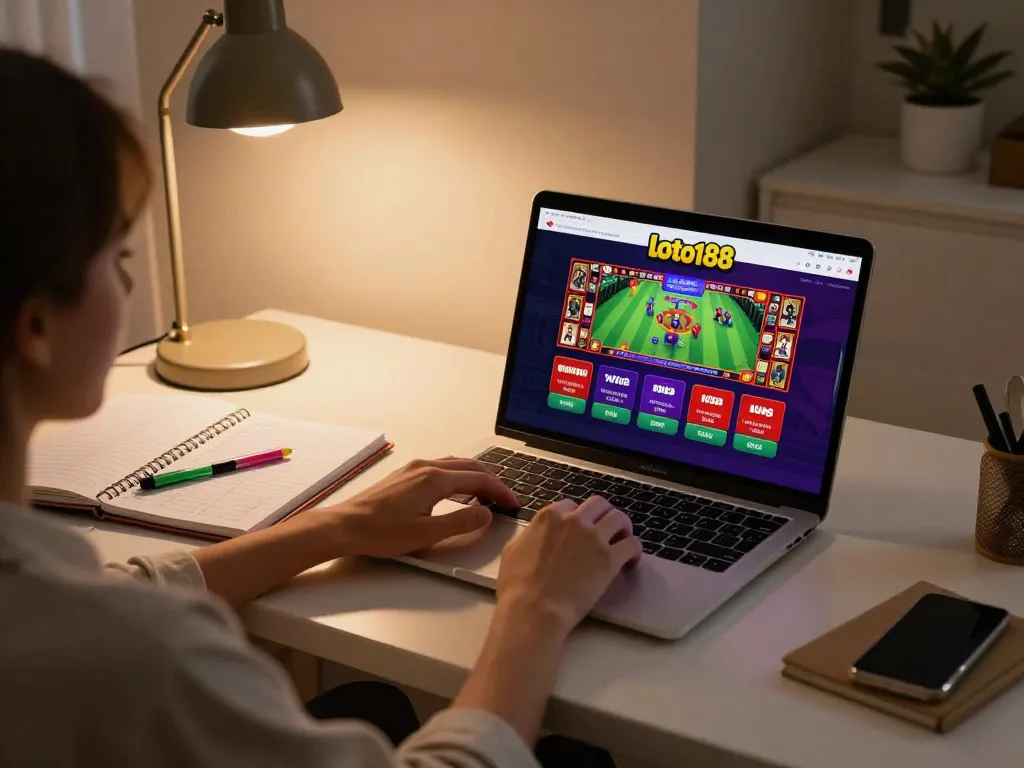 Player engaging with loto188 online casino on laptop while analyzing betting strategies