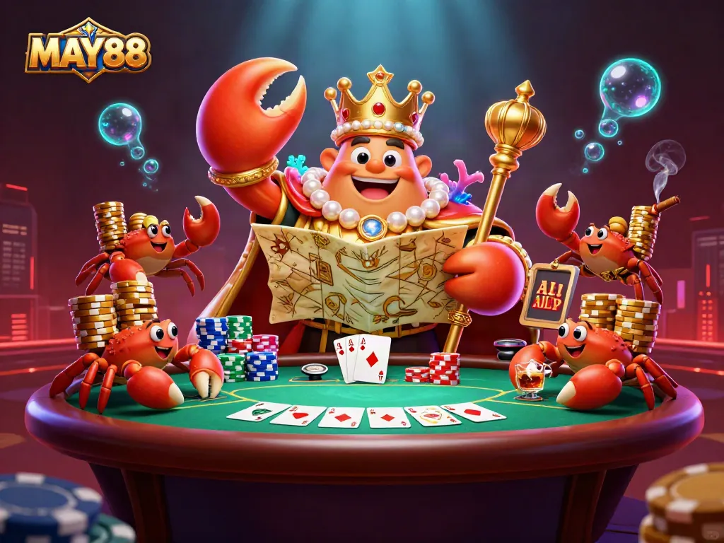 Experience thrilling gameplay at MAY88 with a vibrant 3D illustration of a crab emperor crowned in treasure.