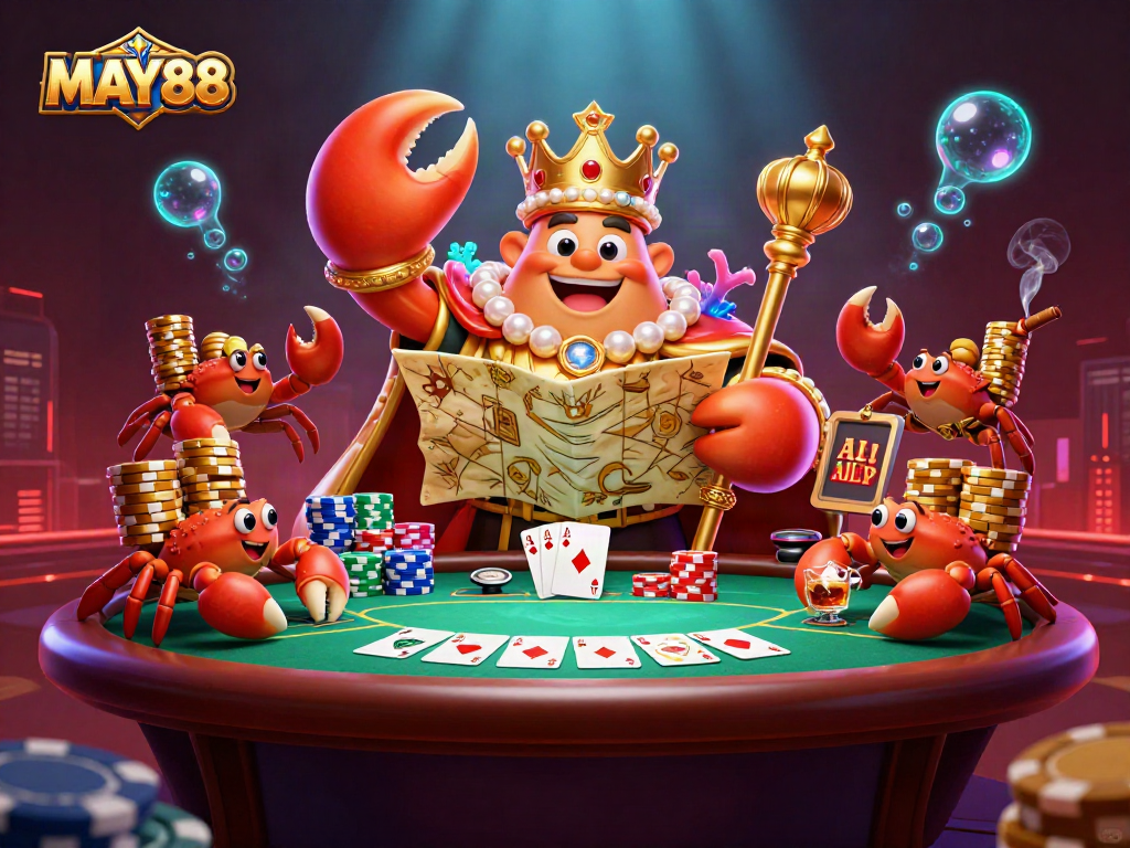 Experience thrilling gameplay at MAY88 with a vibrant 3D illustration of a crab emperor crowned in treasure.