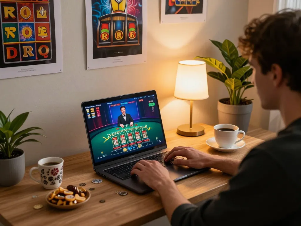 Engaged player enjoying an online blackjack game on 789f platform, warm cozy atmosphere, stylish home desk setup
