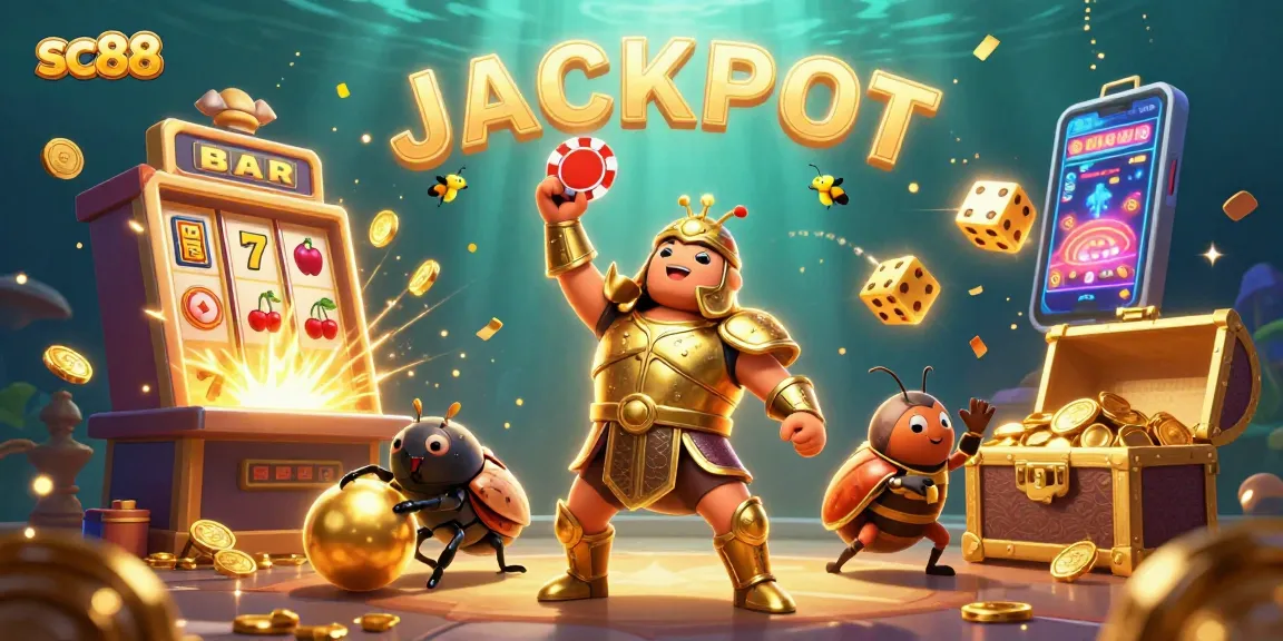 Engage with sc88's thrilling jackpot explosion scene featuring a golden-armored beetle and vibrant casino elements.