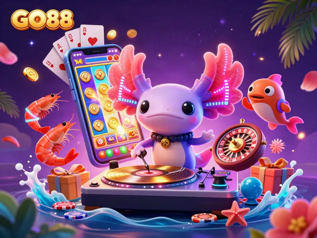 Experience vibrant GO88 gameplay with a neon DJ and casino elements in this lively illustration.
