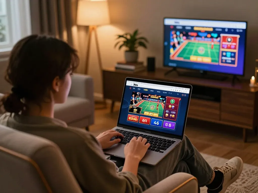 Player enjoying 3win online casino experience on laptop in a cozy home setting