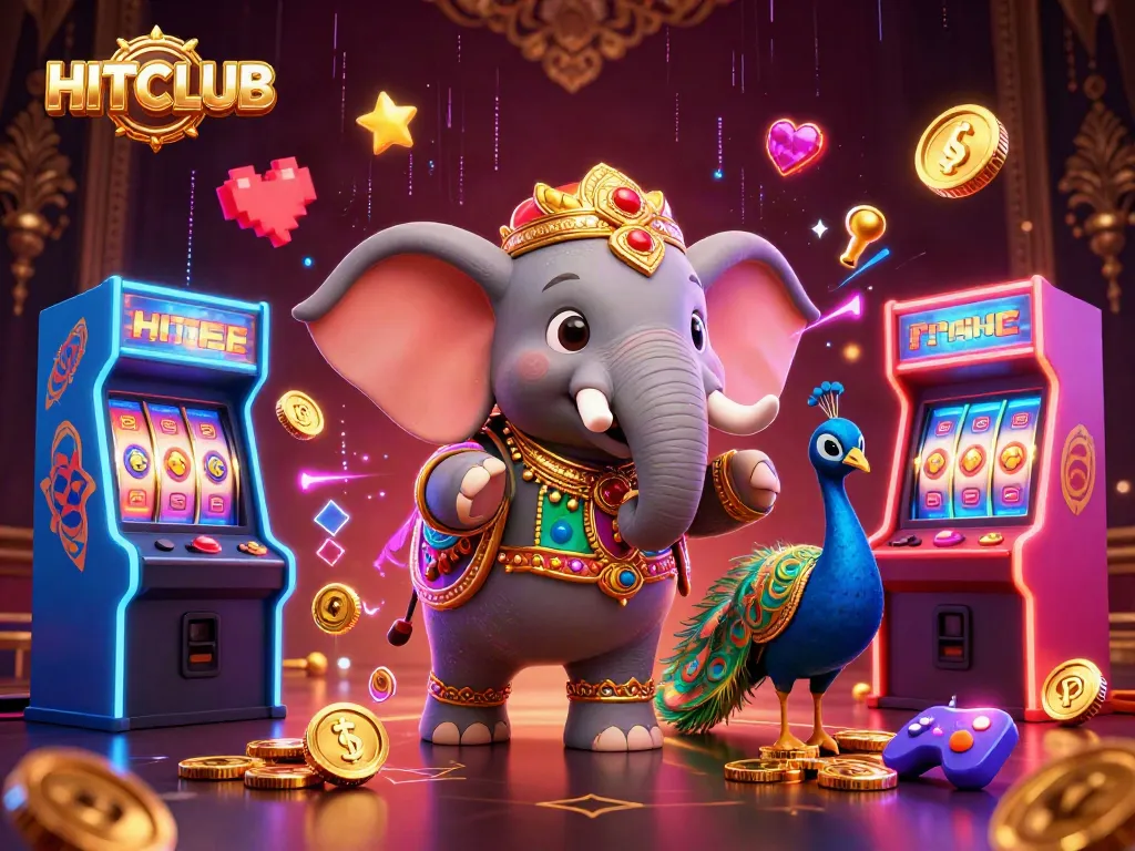 Engage with HITCLUB through vibrant 3D casino scenes showcasing slot machines and jackpot excitement.