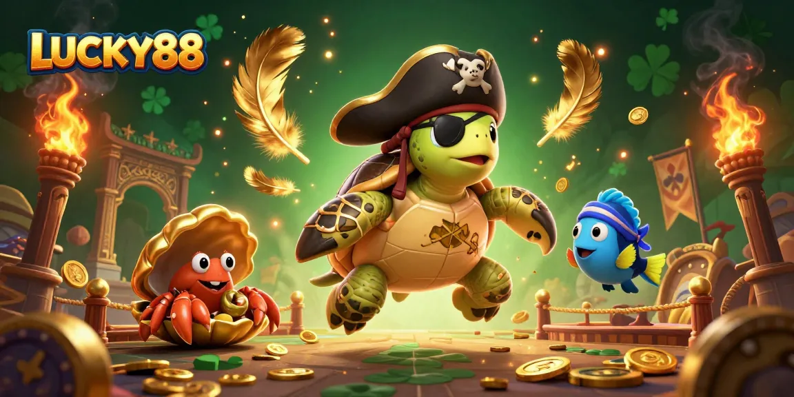 Engage with LUCKY88 gaming visuals featuring a pirate turtle and treasure in a dynamic casino scene.