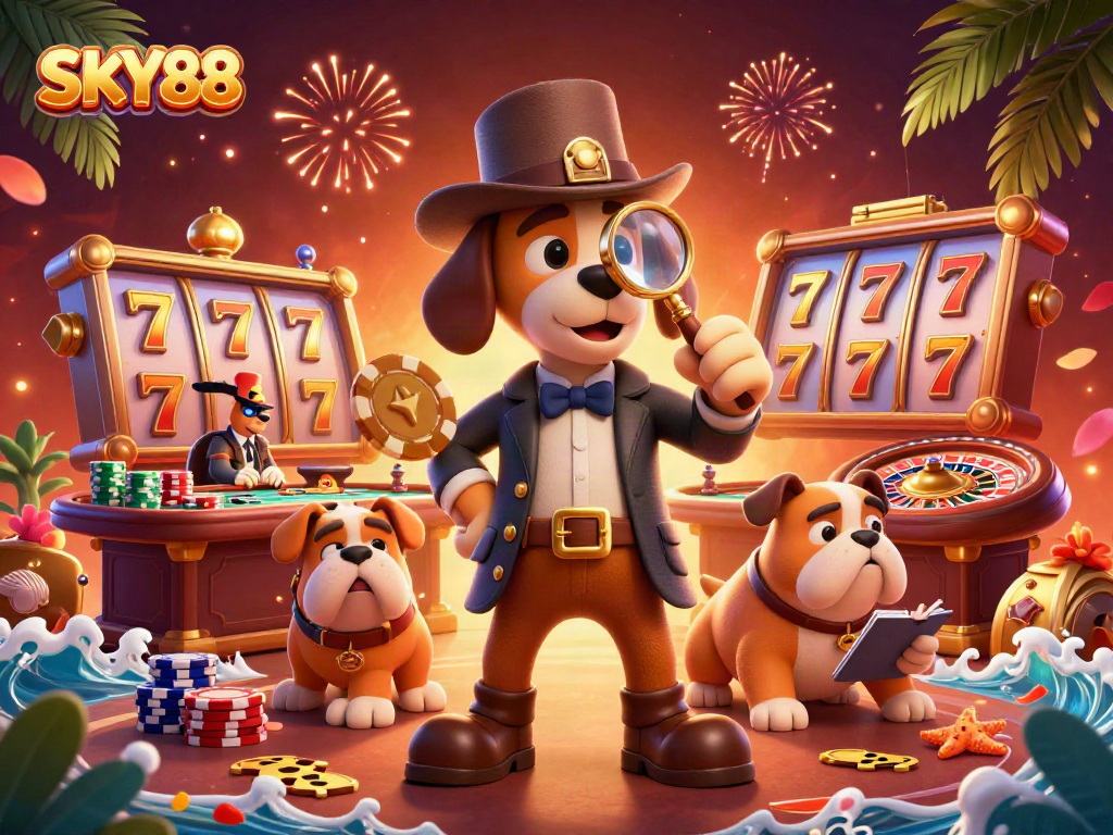 Experience exciting gameplay at SKY88 with an illustration of a detective dog in a vibrant casino setting.