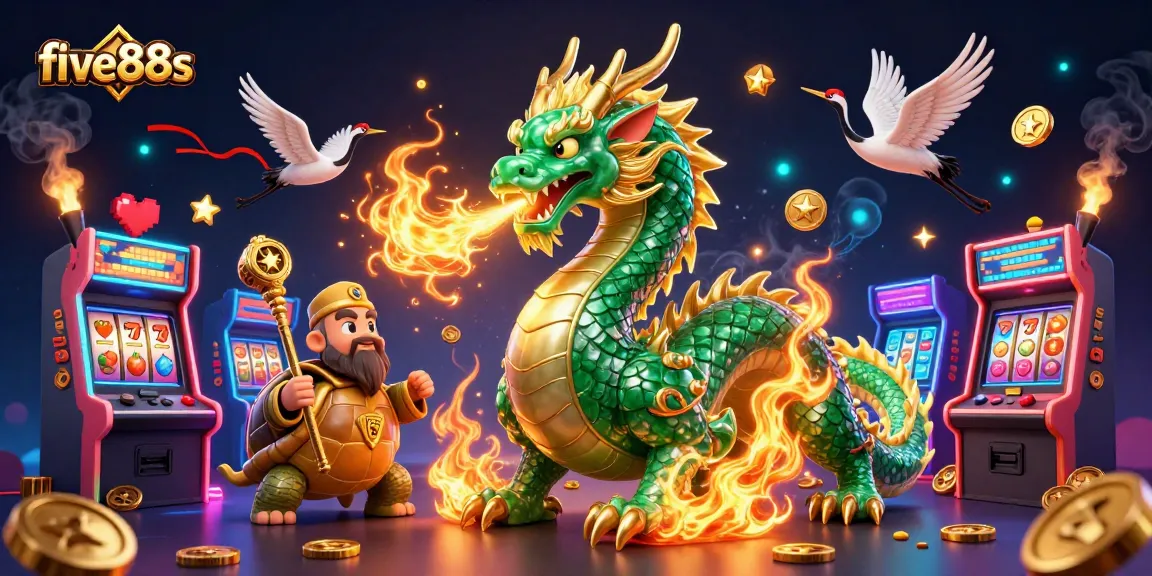 Experience exciting gameplay with five88s featuring a jade dragon, turtle sage, and lively casino elements.