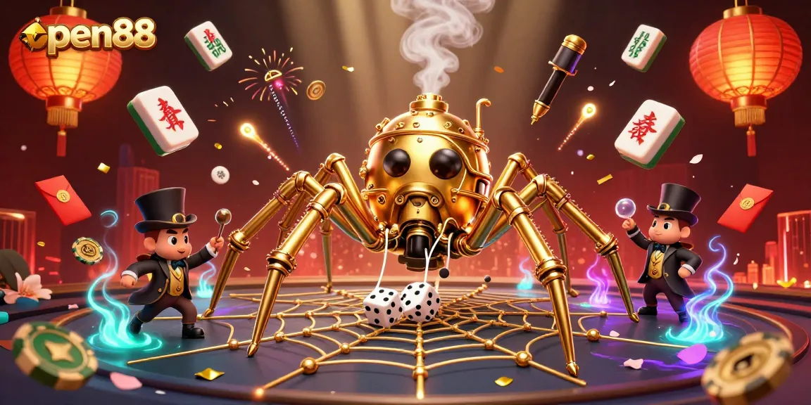 Engage with open88 in a vibrant casino scene featuring steampunk elements and dynamic gaming symbols.