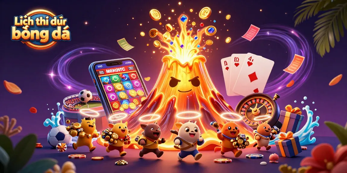 Exciting Lịch thi đấu bóng đá scene showcasing a triumphant volcano and animated betting elements.