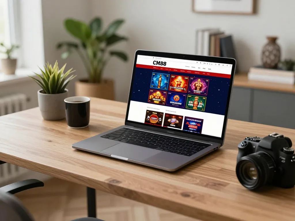 Engaging gaming session on CM88 website with vibrant online casino interface and cozy home decor