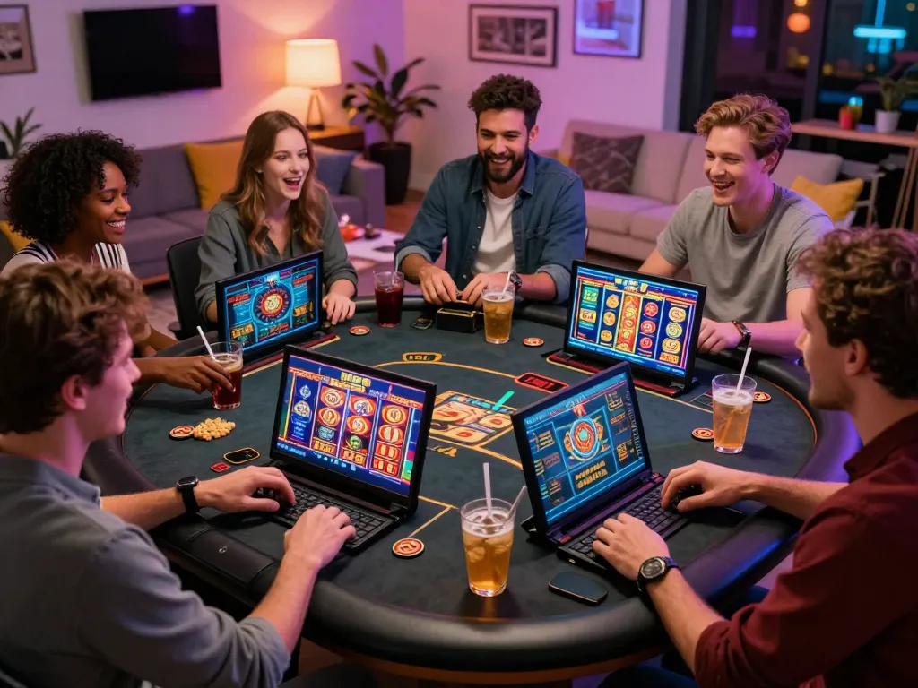 Friends enjoying online gambling at https://bomwin.jp.net/ with lively atmosphere and digital games.