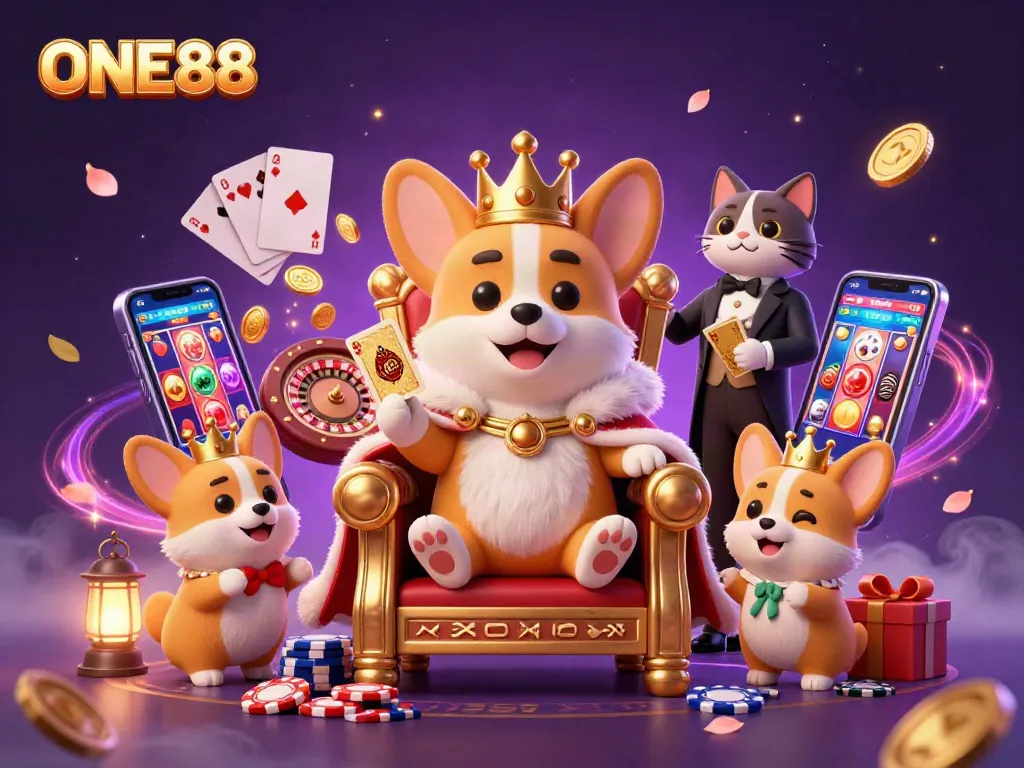 Experience the excitement of ONE88 online casino with a royal corgi and vibrant gaming elements amidst dazzling graphics.