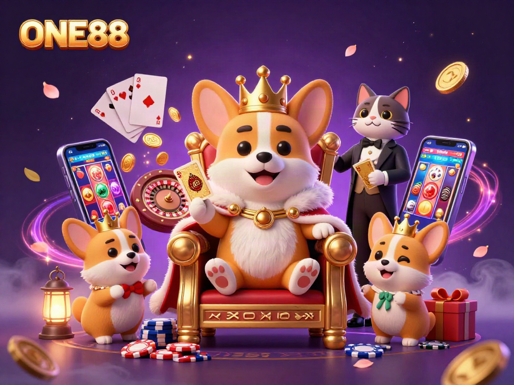 Experience the excitement of ONE88 online casino with a royal corgi and vibrant gaming elements amidst dazzling graphics.