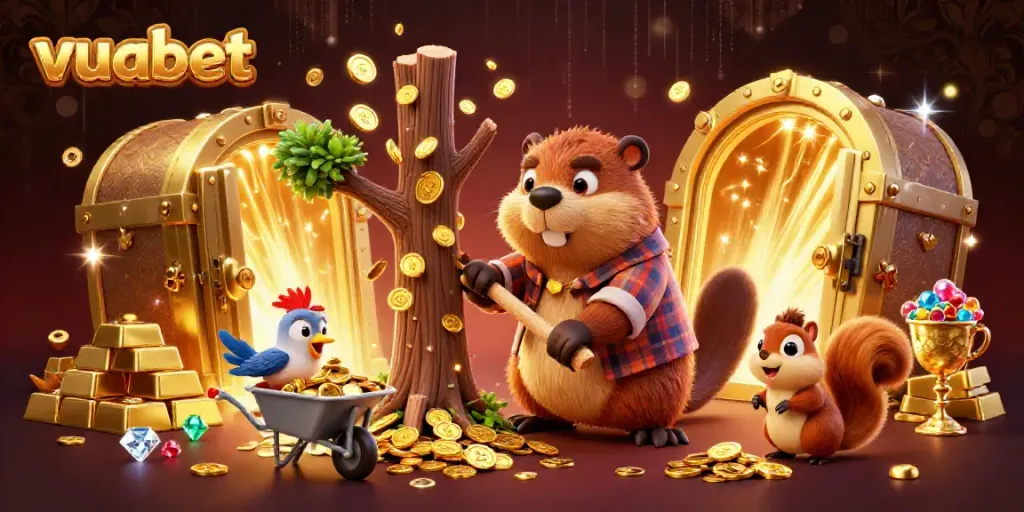 Engage with vuabet's exciting golden coin-raining scene featuring playful characters and dynamic casino elements.
