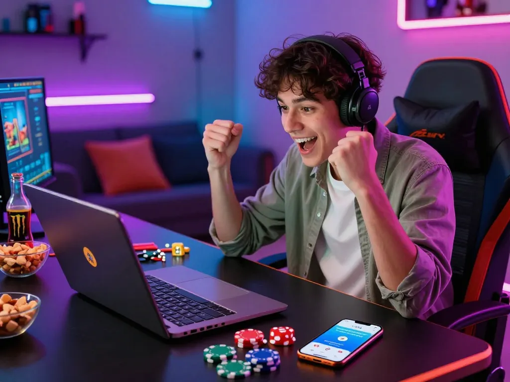 Engaged player enjoying tài xỉu sunwin on laptop with vibrant gaming setup.
