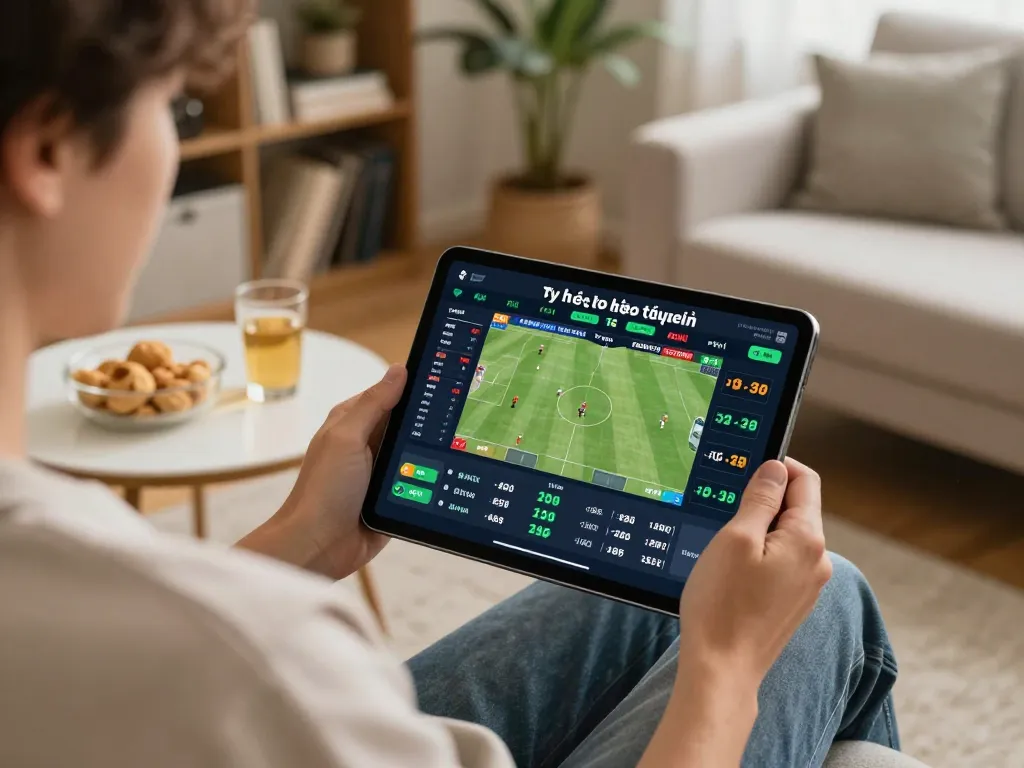 Engaging setup for tỷ lệ kèo trực tuyến betting with tablet and cozy home ambiance