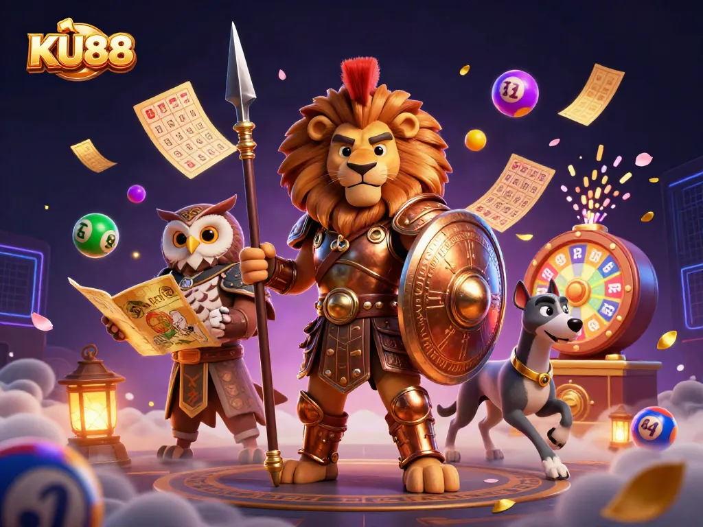 Experience exciting gaming action at KU88 with vibrant lottery elements and dynamic characters.