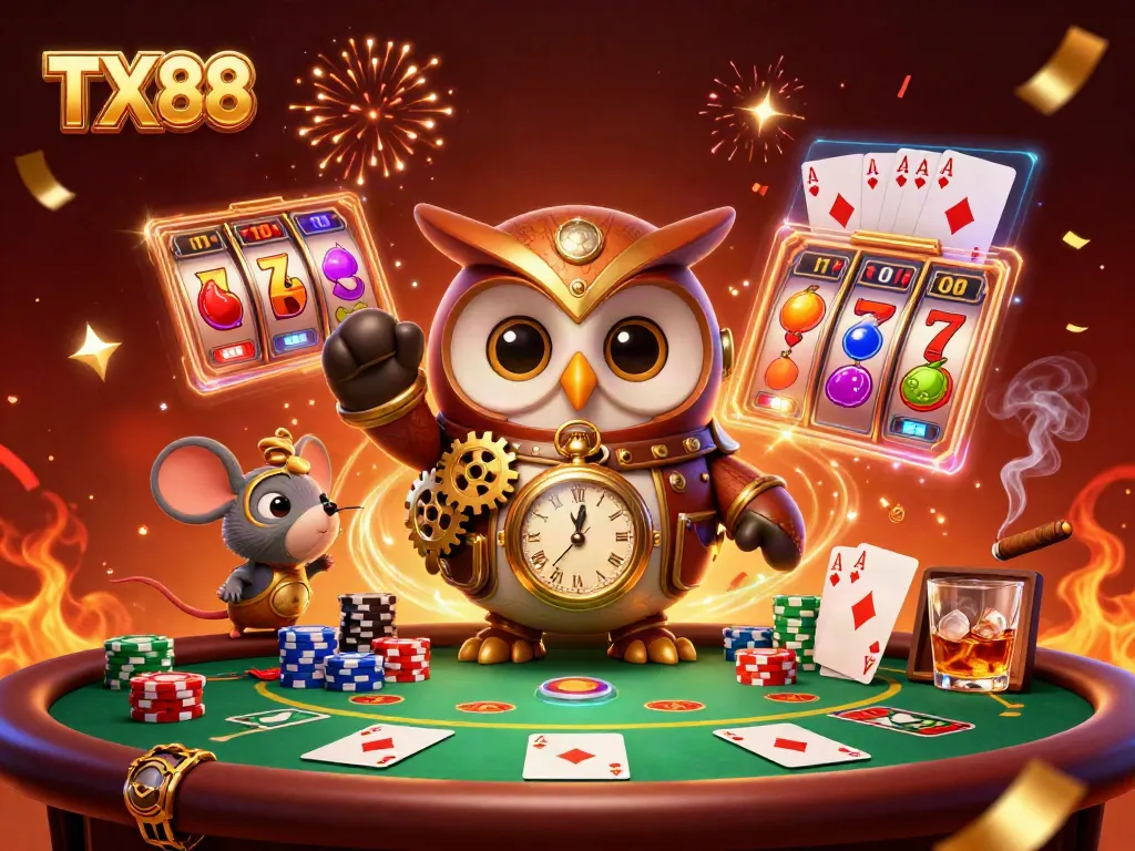 Experience the excitement of TX88 with vibrant casino elements and time-traveling characters