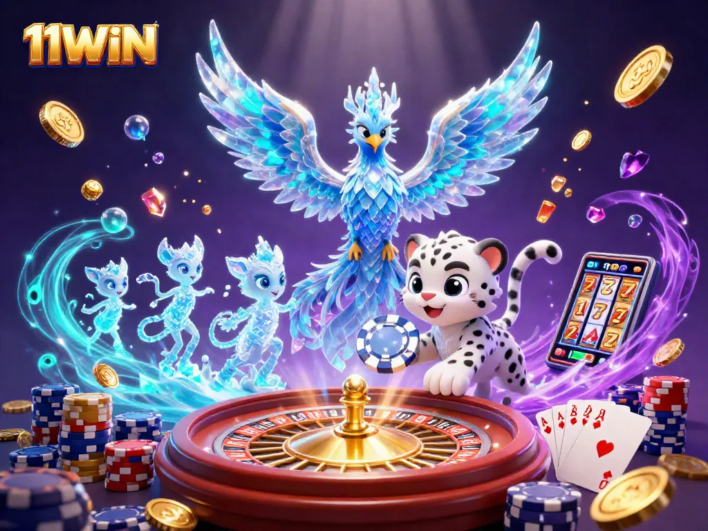 Bet on 11WIN with vibrant casino characters, golden coins, and exciting game elements.