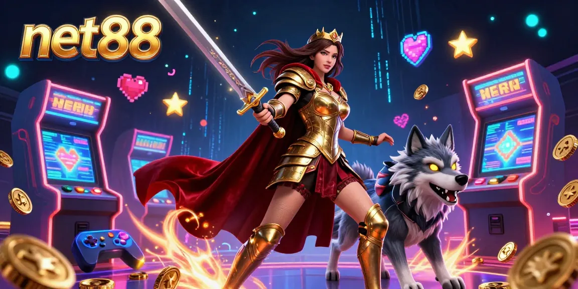 Experience the thrill of net88 online gaming with a warrior queen and a glowing armored wolf in a vibrant casino scene.