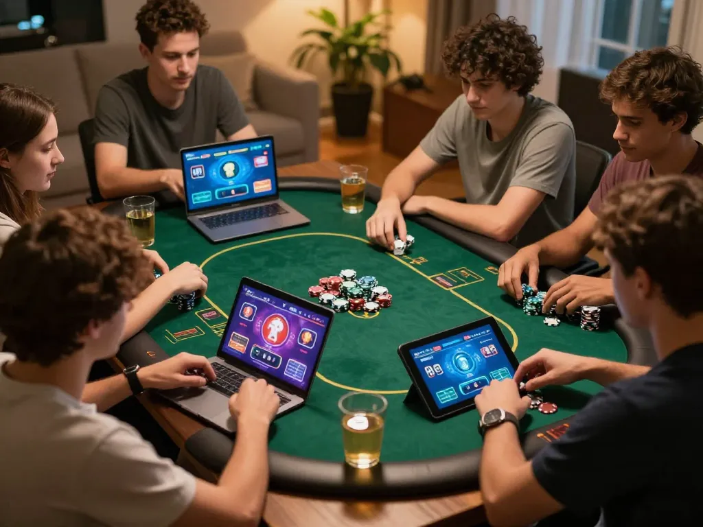 Players strategizing in an online poker game at home with sam86 across laptops and tablets