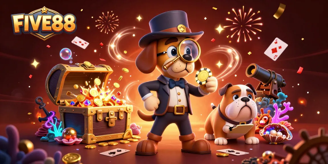 Engage in thrilling gaming adventures with FIVE88's poker, gold, and treasure themed illustration.