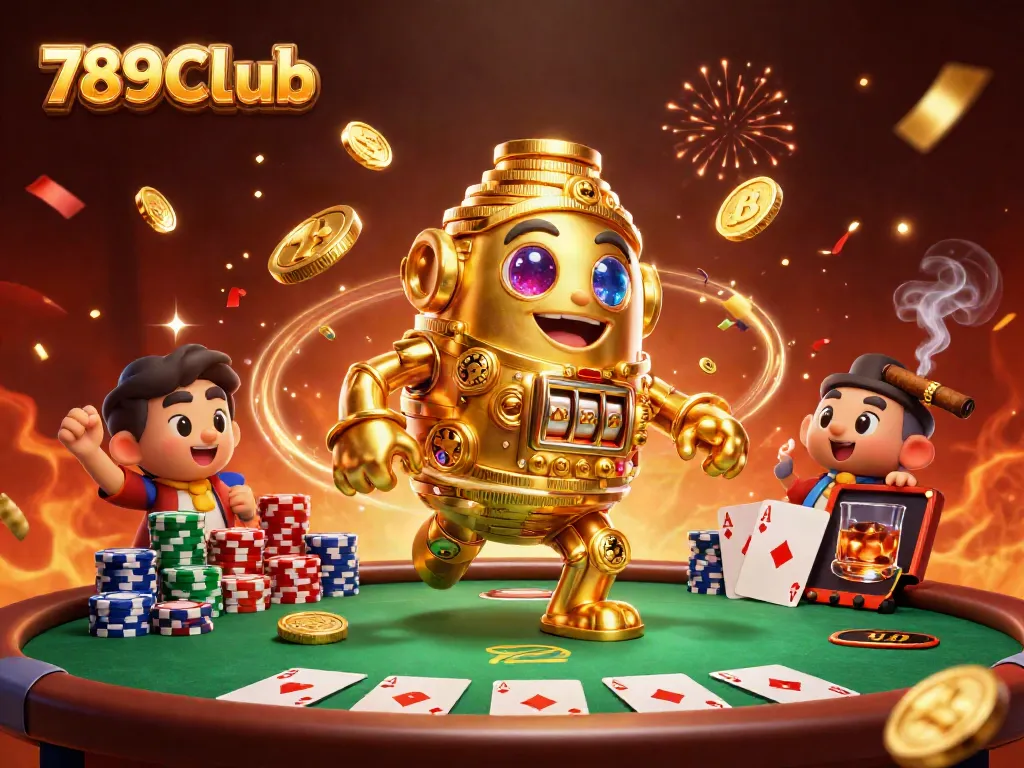 Experience the thrilling 789CLub as golden golems and poker elements collide in this vibrant casino scene.