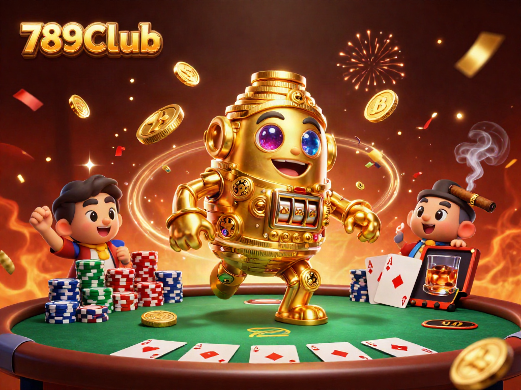 Experience the thrilling 789CLub as golden golems and poker elements collide in this vibrant casino scene.